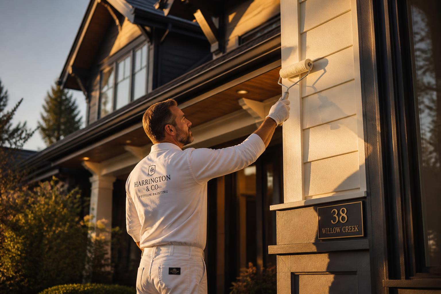Professional painter applying a fresh coat to an upscale home at golden hour